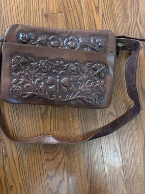 Handcrafted Brown Floral Tooled Leather Crossbody Bag